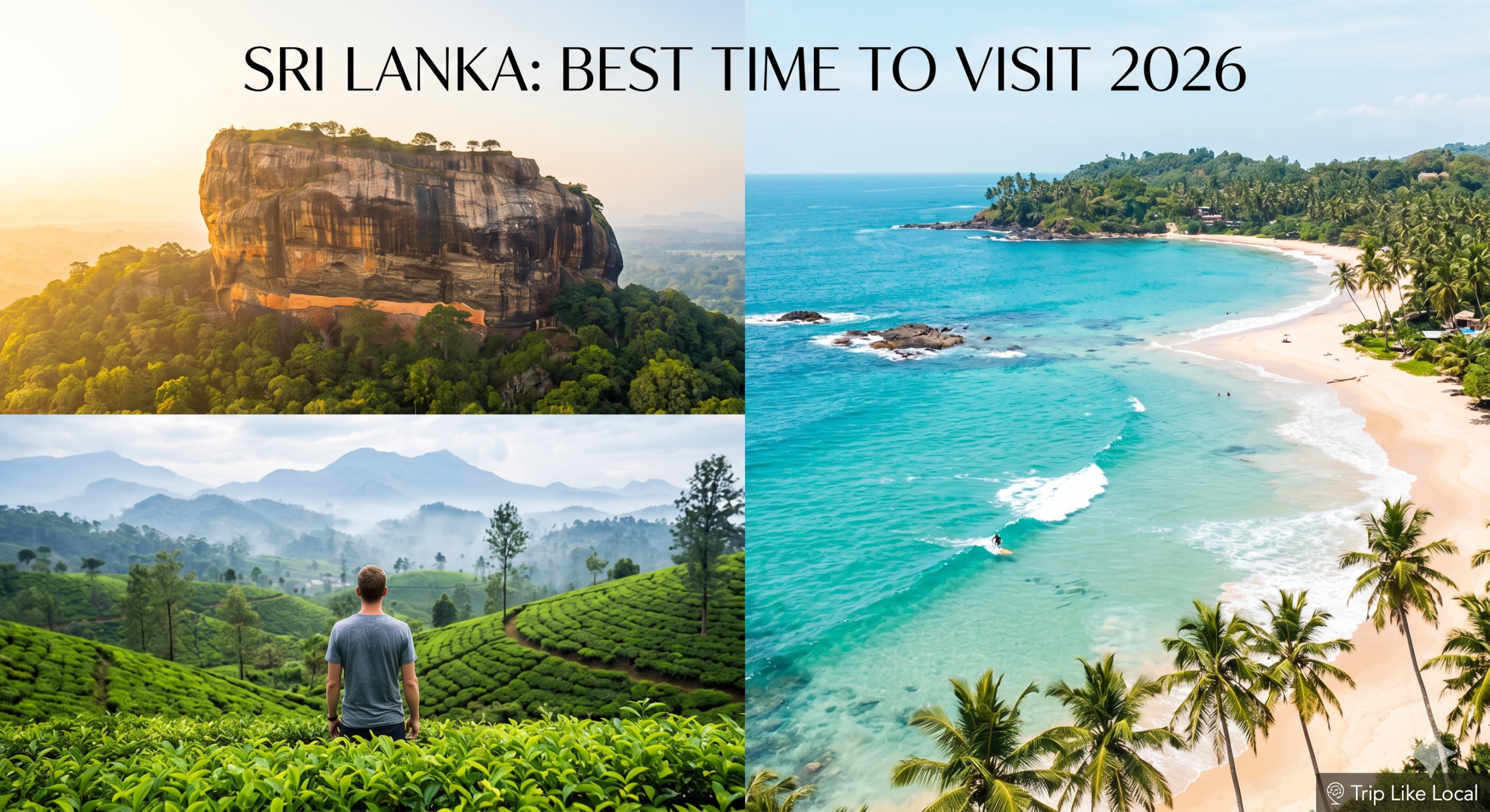 A composite travel collage image featuring Sri Lanka's iconic landmarks and weather indicators, including Sigiriya Rock, the Ella tea country, and palm-fringed tropical beaches. Used to guide travelers on the best time to visit Sri Lanka in 2026, by Trip Like Local.