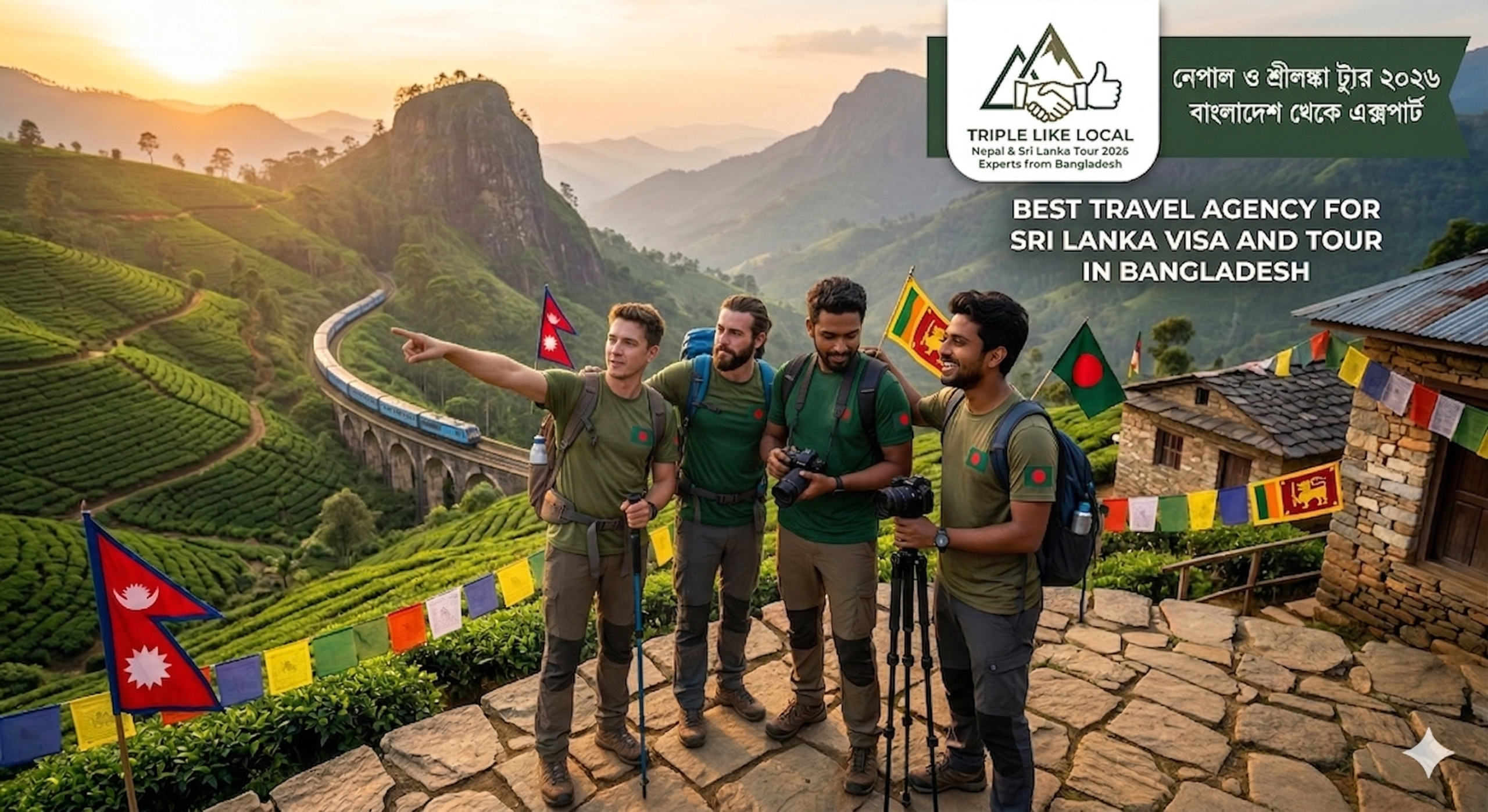 Triple Like Local - Best travel agency for Sri Lanka visa and tour in Bangladesh featuring male travelers and Nine Arch Bridge view.