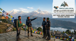 Triple Like Local - Best Travel Agency in Bangladesh for Nepal Tour 2026 with male trekkers and Himalayan mountains.