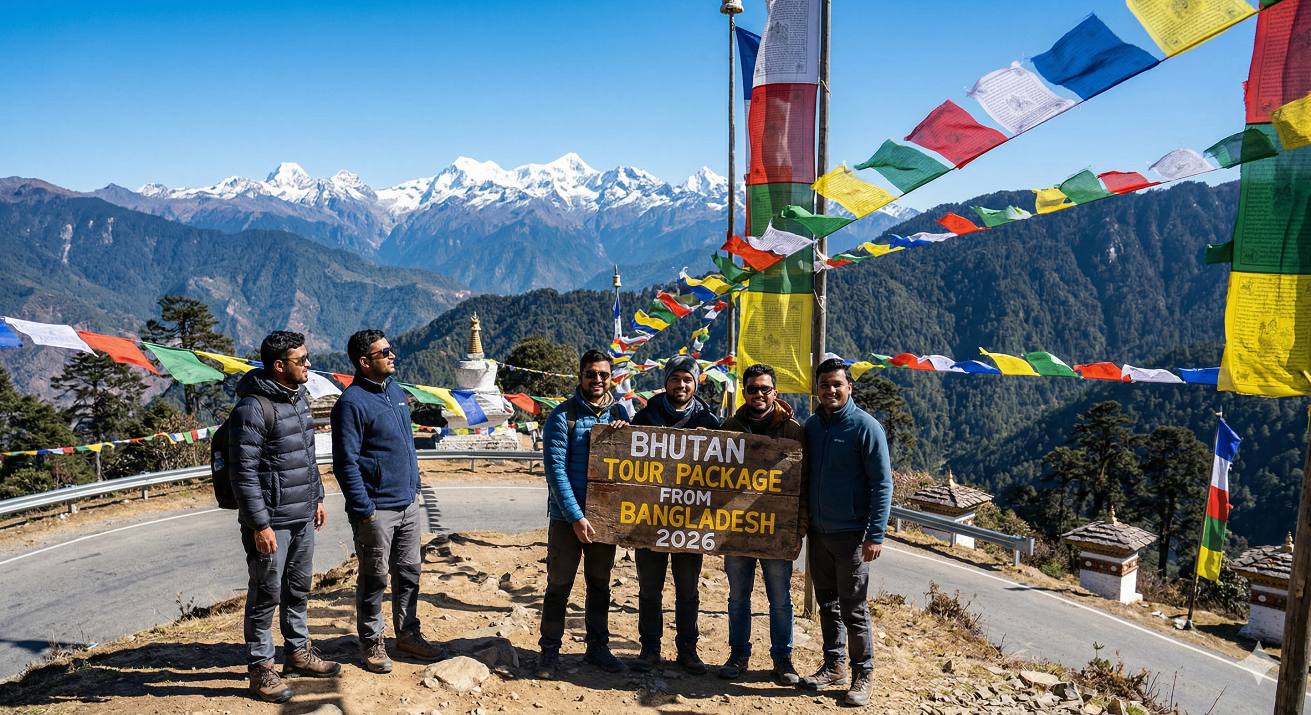 A group of Bangladeshi male travelers holding a banner for Bhutan tour package from Bangladesh 2026 by Triple Like Local in front of the Himalayas