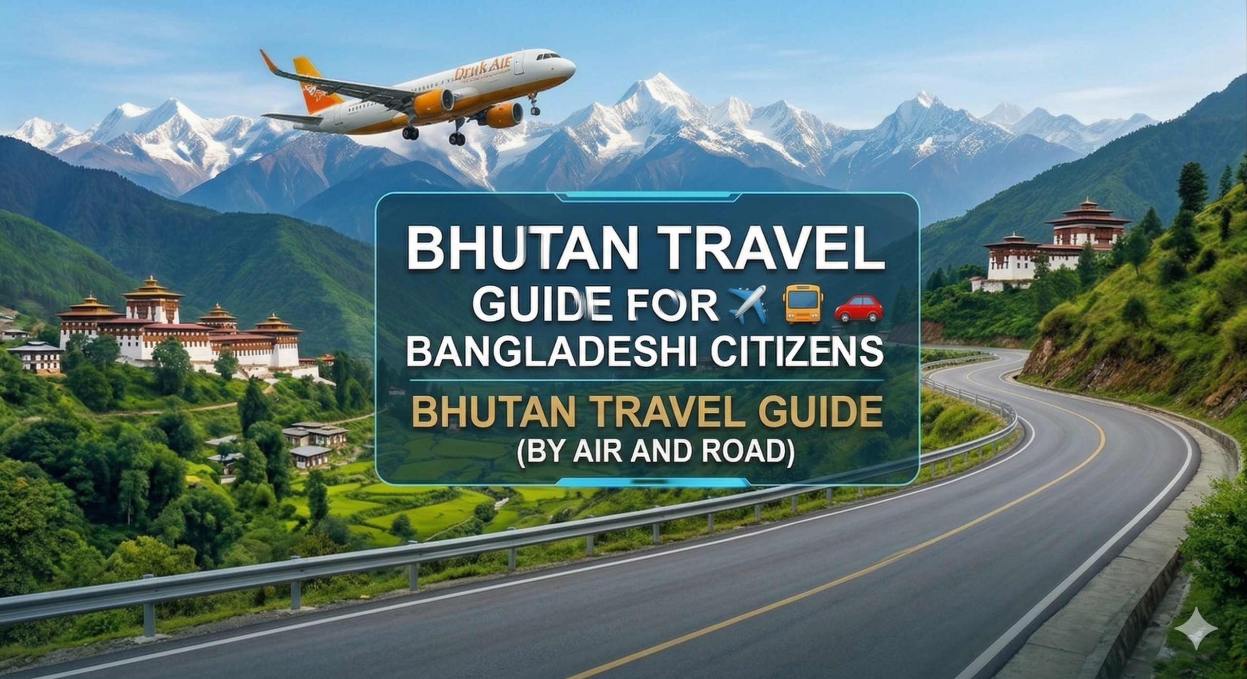 A Druk Air flight flying over the snow-capped Himalayan mountain range heading towards Paro International Airport, Bhutan.