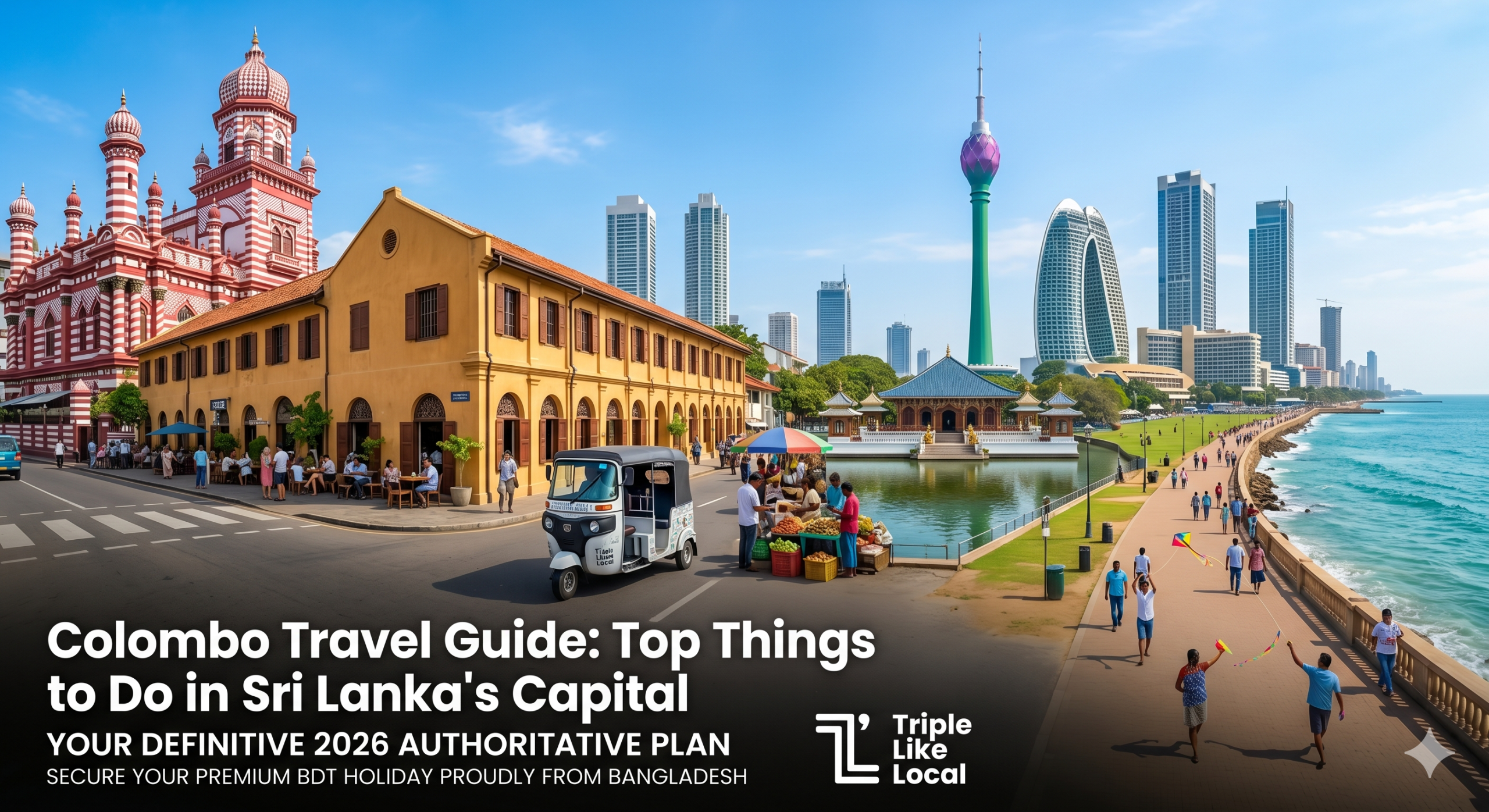 A high-resolution panoramic photograph illustrative of the Colombo Travel Guide, highlighting top things to do in Sri Lanka's capital. The scene captures the Jami Ul-Alfar Mosque (Red Mosque), Dutch Hospital complex, Gangaramaya Temple near Beira Lake, futuristic skyscrapers like the Lotus Tower and Port City, and families strolling along Galle Face Green by the Indian Ocean. A premium 'Triple Like Local' branded modern tuk-tuk is prominent on the street, near a local guide interacting with Bangladeshi travelers. White text overlay reads: 2026 DEFINITIVE AUTHORITATIVE PLAN. Includes the Triple Like Local logo next to a call to action for secure BDT holiday planning from Bangladesh