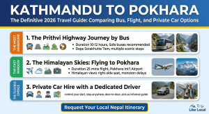 A 2026 travel infographic titled 'KATHMANDU TO POKHARA: The Definitive Travel Guide' by Trip Like Local, comparing bus, flight, and private car options for travelers. It features labeled sections with icons and bullet points.