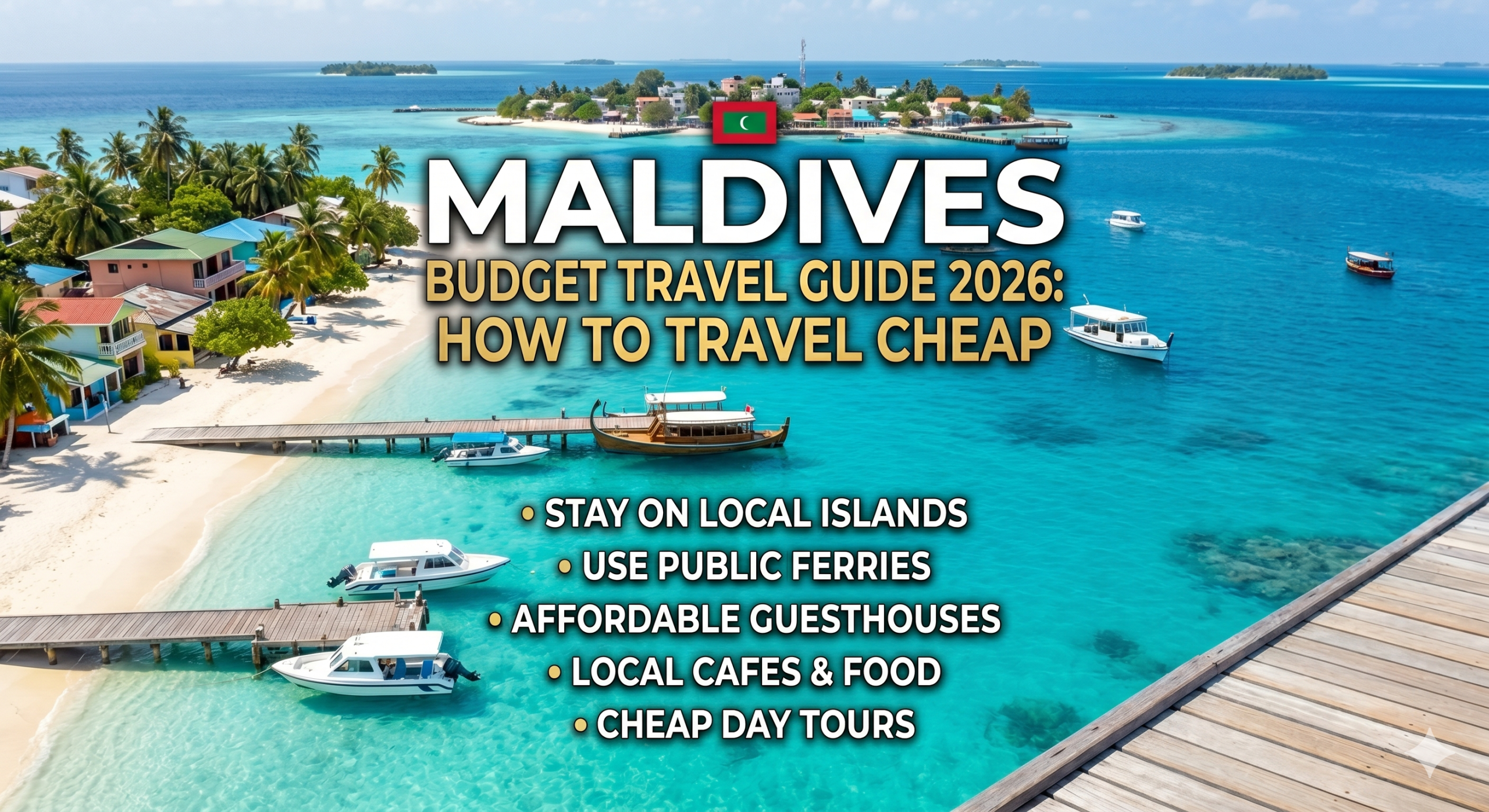 A bird's-eye view photograph of a colorful Maldivian local island with a turquoise lagoon, showing guesthouses on the beach, public ferries, speedboats, and wooden jetties, featuring the text 'MALDIVES BUDGET TRAVEL GUIDE 2026' and a list of cheap travel tips.