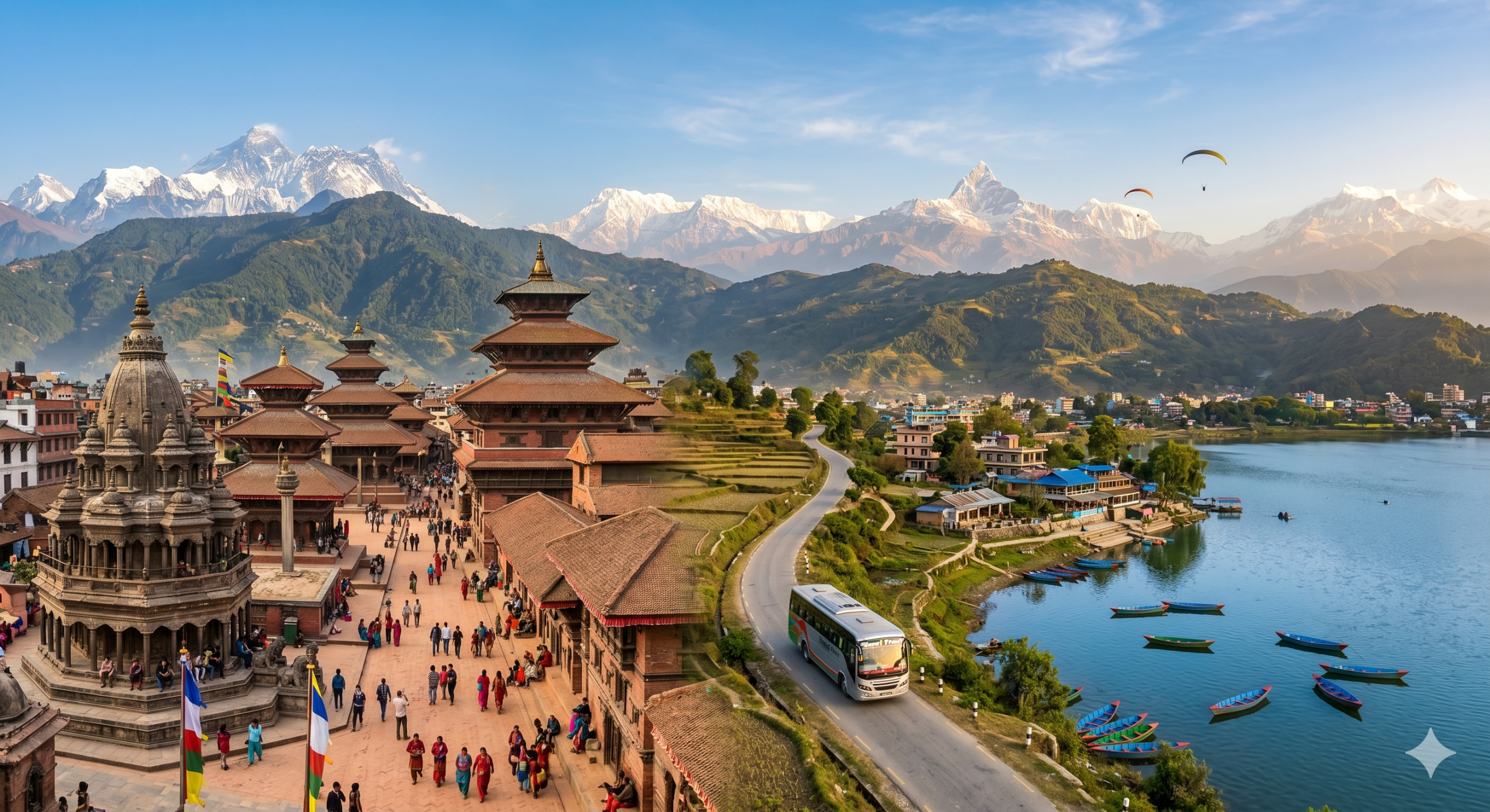 A stunning split-view landscape image representing a Nepal 7-day itinerary. The left side shows the historic Kathmandu Durbar Square with ancient temples, pagodas, and people in traditional clothing, with snow-capped Himalayan peaks in the background. The right side features a serene Pokhara scene with a panoramic view of Phewa Lake with colorful boats, a winding scenic road with a tourist bus, the distinctive Machhapuchhre (Fishtail) peak in the Annapurna range, and paragliders soaring above, all under a bright blue sky.