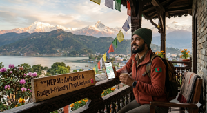 A male tourist with a beard, wearing a green beanie and orange jacket with a Bangladesh flag patch, smiling on a traditional carved wooden balcony in Pokhara, Nepal, in 2026. He is holding a smartphone with an itinerary and a mug of tea, looking at the snow-capped Annapurna mountains and Phewa Lake during the golden hour. A wooden sign on the railing reads 'NEPAL: Authentic & Budget-Friendly | Trip Like Local'.