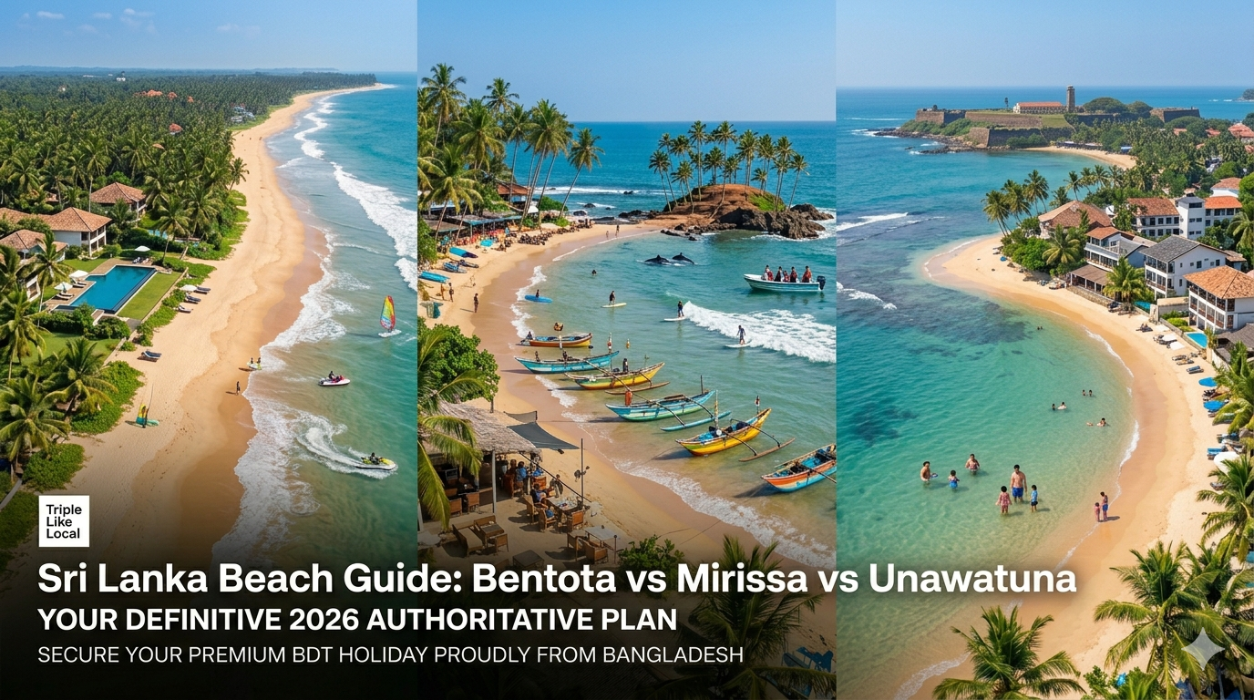 A high-resolution panoramic comparison view illustrative of the Sri Lanka Beach Guide, showcasing the diverse coastlines of Bentota, Mirissa, and Unawatuna seamlessly connected. The scene includes palm trees, golden sand, turquoise waters, water sports, outrigger fishing boats, sun loungers, and distant views of dynamic beachfront activity under a clear blue sky. Text overlay reads: 2026 DEFINITIVE AUTHORITATIVE PLAN. Includes the Triple Like Local logo next to a call to action for secure BDT holiday planning from Bangladesh.