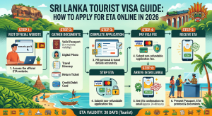 Gemini said A detailed infographic based on the Sri Lanka Tourist Visa Guide, clearly illustrating the step-by-step process to apply for an ETA online in 2026. At the bottom of the image, the 30-day validity period of the ETA visa is also provided.