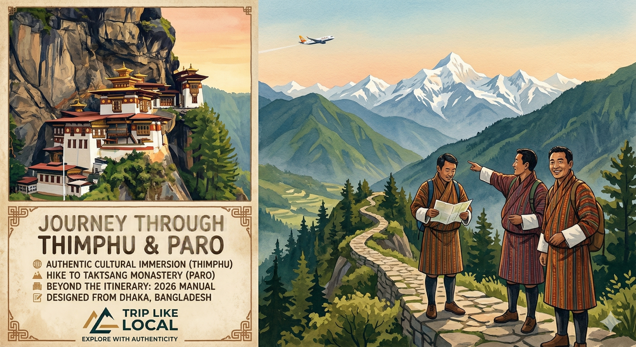 A vintage-style travel poster for a Thimphu and Paro journey featuring the iconic Tiger’s Nest Monastery on a cliffside, with male travelers in traditional Bhutanese attire overlooking a scenic Himalayan mountain trail; designed by Trip Like Local for Bangladeshi tourists.