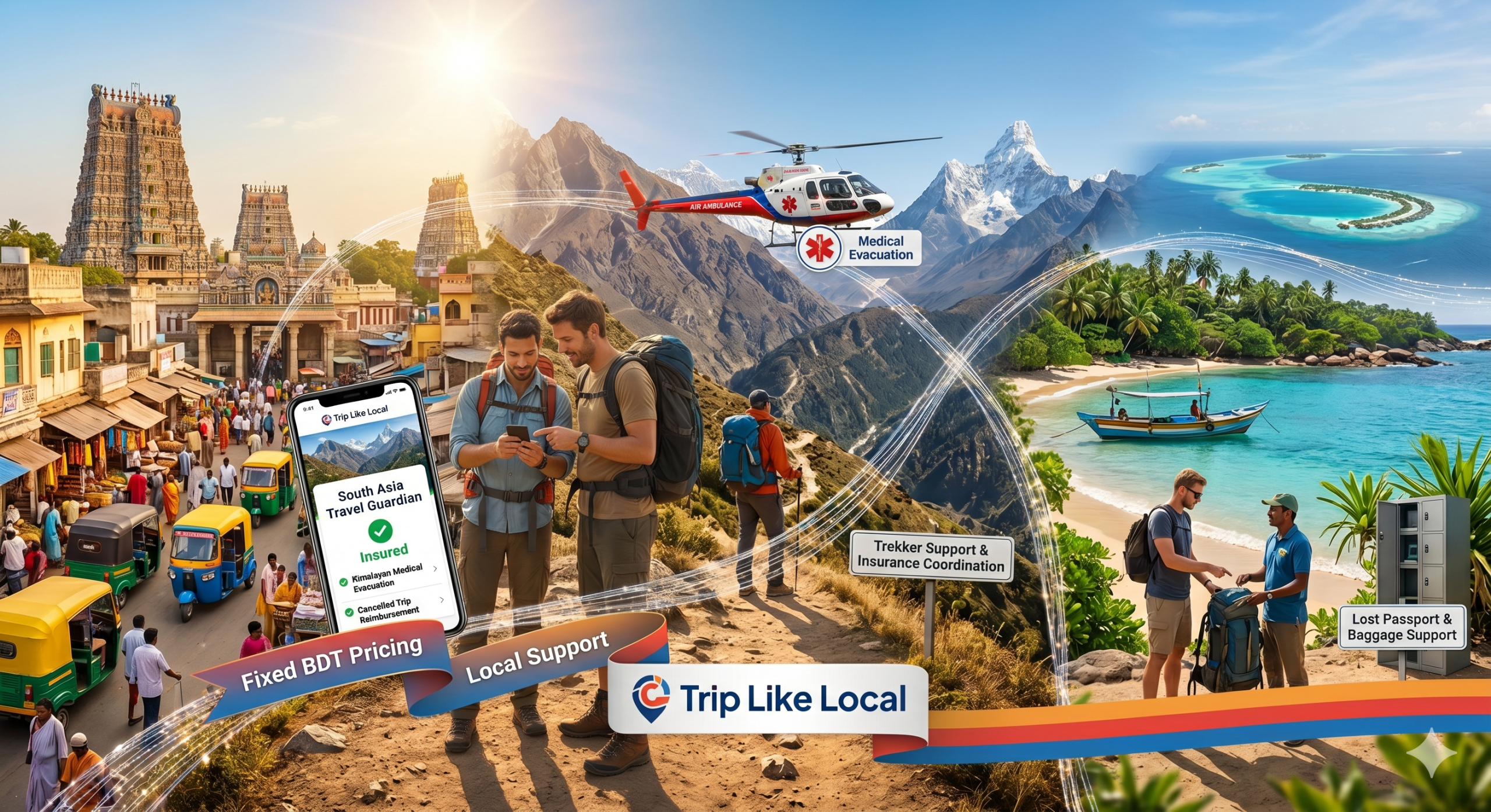 A panoramic travel illustration showcasing various South Asian destinations and travel services, with only male travelers. The left side features a bustling Indian street with ancient temple architecture and colorful auto-rickshaws, and a couple of male travelers looking at a smartphone screen that displays "South Asia Travel Guardian Insured" for "Himalayan Medical Evacuation" and "Cancelled Trip Reimbursement." A banner reads "Fixed BDT Pricing" and "Local Support." The center shows rugged Nepali mountains, a man hiking, a helicopter marked "Medical Evacuation," and a sign for "Trekker Support & Insurance Coordination."