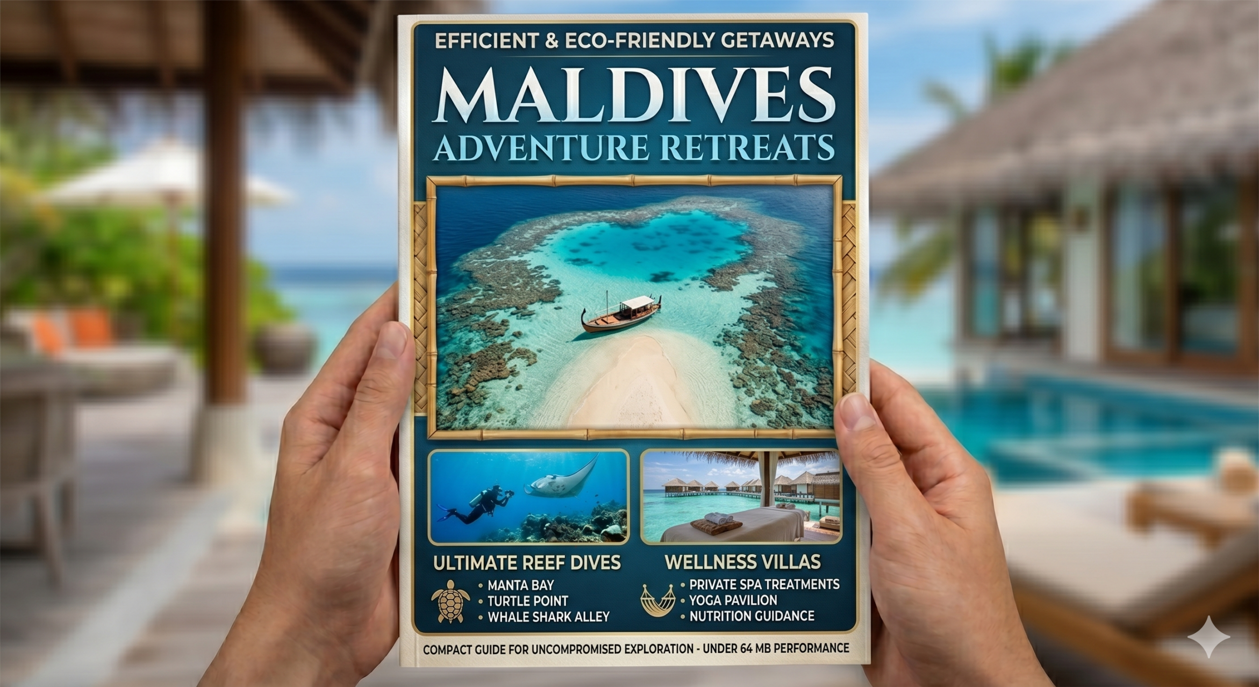 A first-person view shows a person's hands holding a travel booklet titled "MALDIVES ADVENTURE RETREATS," with a subheading, "EFFICIENT & ECO-FRIENDLY GETAWAYS." The cover features a large heart-shaped inset image of a tropical island lagoon with a couple on a sandbar and a traditional dhoni boat, with smaller images below for 'ULTIMATE REEF DIVES' showing a scuba diver and manta ray, and 'WELLNESS VILLAS' showing a spa treatment. The booklet is held against a blurred background of a luxurious Maldivian overwater resort deck with a private pool, sun loungers, and palm trees.